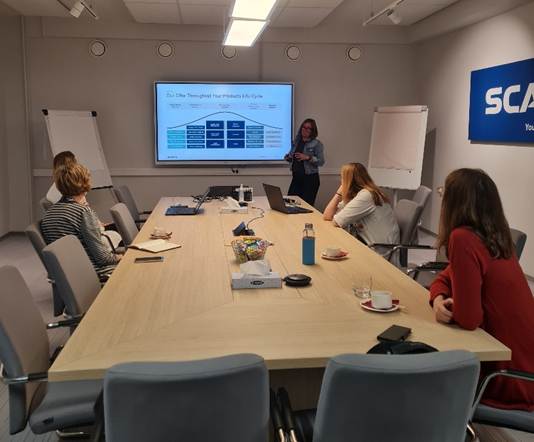 The image shows a meeting room with a whiteboard and presentation setup, where a group of people are engaged in a discussion about a life cycle service management diagram, featuring various service stages such as development, maintenance, and disposal.

AI-generated content may be incorrect.