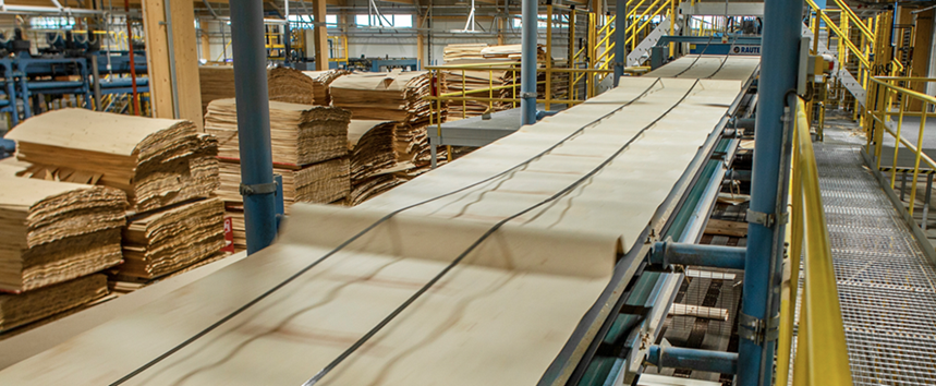 The image depicts a factory floor with long conveyor belts and rows of wooden boards being processed in an automated laminating facility.

AI-generated content may be incorrect.